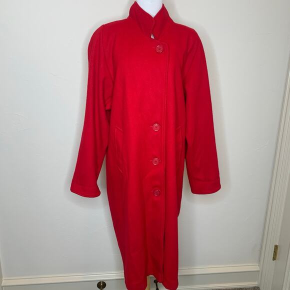 Vintage Red Long Wool Coat Raglan Sleeve 70s 80s Large - Picture 5 of 11
